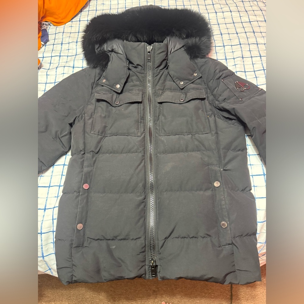 Moose Knuckles Black Puffer Jacket with Fur Trim